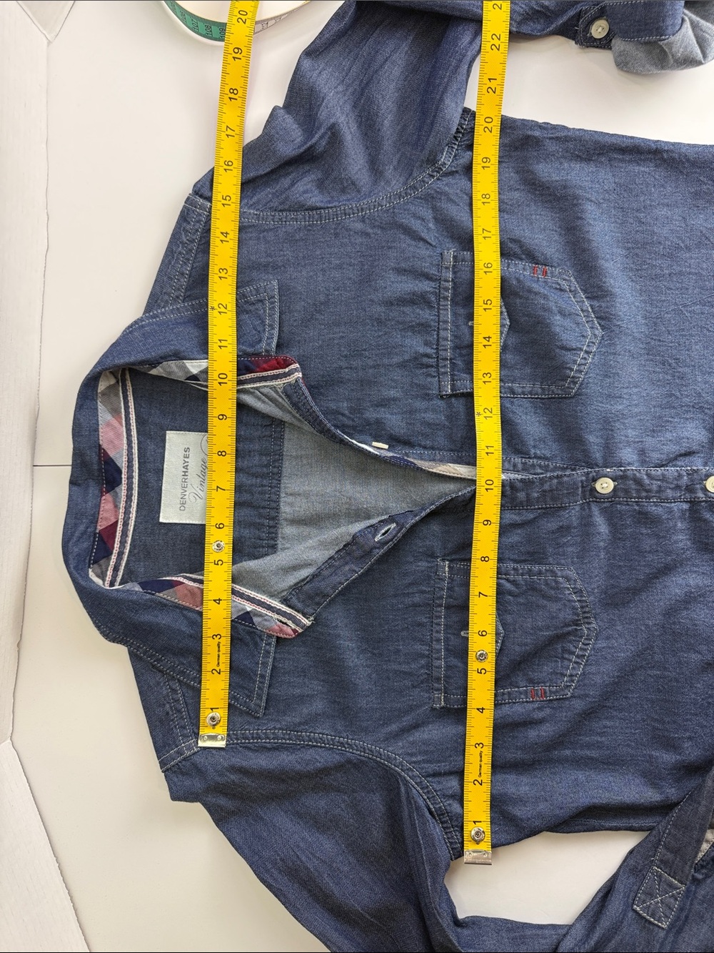 Denver Hayes Vintage Womens L Chambray Denim Shirt Roll Tab Snap Lightweight - Picture 8 of 13